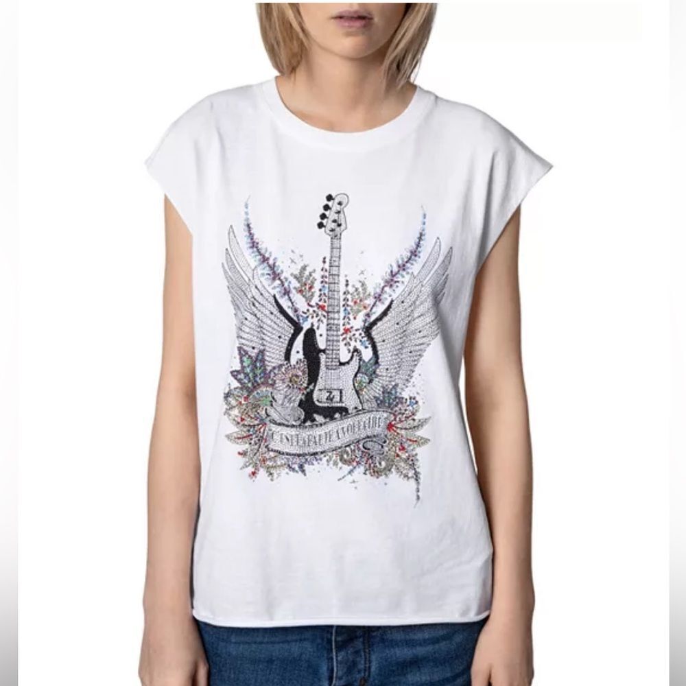 Zadig & Voltaire Cecelia Guitar Crystal Graphic Tee White